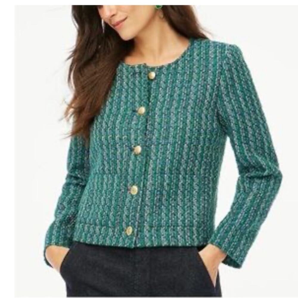 J.Crew Tweed Lady Jacket Size 14 Green Blue Gold Button Collarless Blazer